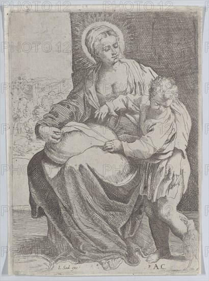 The Virgin seated holding a pillow on her lap with the young Christ standing at right...