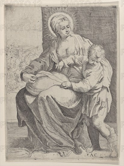 The Virgin seated holding a pillow on her lap with the young Christ standing at right...