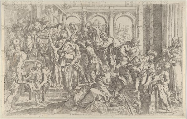 Saint Roch at left distributing alms to a group of people gathered around him