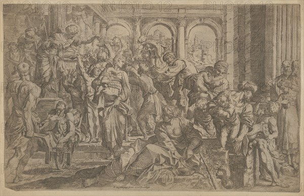 Saint Roch at left distributing alms to a group of people gathered around him