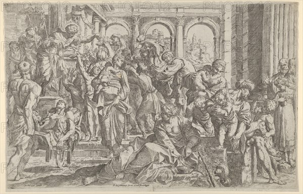 Saint Roch at left distributing alms to a group of people gathered around him