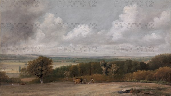 Ploughing Scene in Suffolk;A Summerland;Dedham Vale with Ploughmen;A view looking across a valley;Dedham Vale with Ploughman;Landscape: Ploughing Scene in Suffolk (A Summerland);Landscape, Ploughing Scene in Suffolk;Ploughing in the Vale of Dedham, 1824 to 1825.