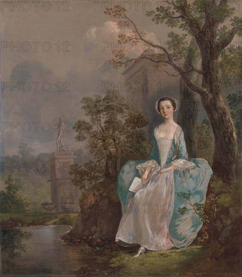 Portrait of a Woman;Girl with a Book Seated in a Park;Sitzendes junges Maedchen in einer Parklandschaft;Young Lady seated in a Park, ca. 1750.