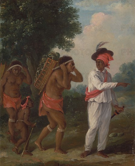 West Indian Man of Color, Directing Two Carib Women with a Child, ca. 1780.