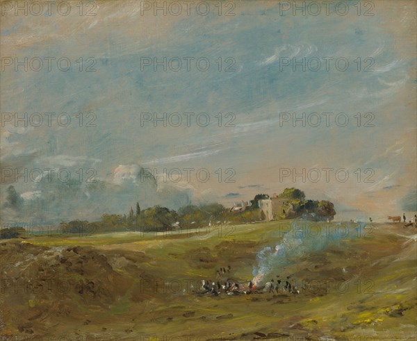 Hampstead Heath, with a Bonfire;Hampstead Heath;Hampstead Heath, with figures round a bonfire, ca. 1822.