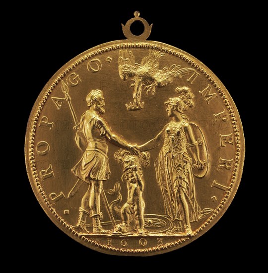 Louis XIII as Dauphin between Henri IV as Mars and Marie as Pallas Athena [reverse], 1603.