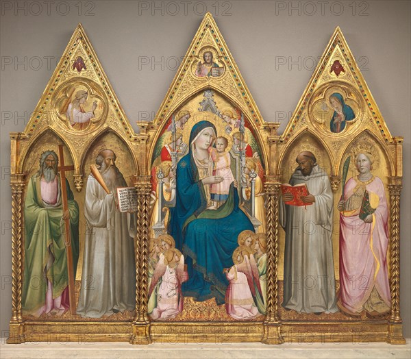 Madonna and Child with Saints Andrew, Benedict, Bernard, and Catherine of Alexandria with Angels [entire triptych], shortly before 1387.