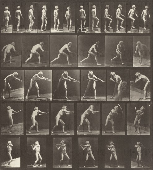 Plate Number 521. A: Walking. B: Ascending a step. C: Throwing the disk. D: Using a shovel. E, F: Using a pick, 1887.