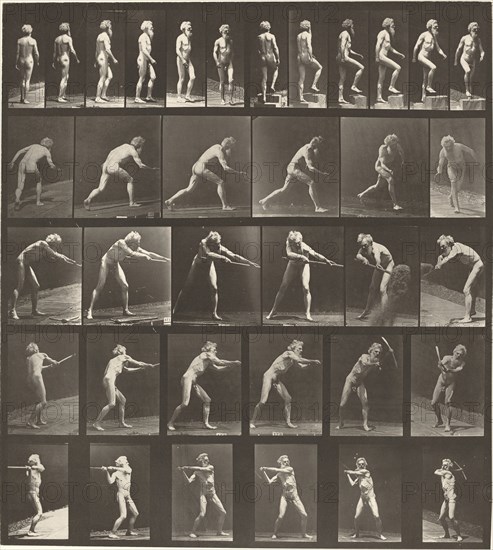 Plate Number 521. A: Walking. B: Ascending step. C. Throwing disk. D: Using shovel. E, F. Using pick, 1887.