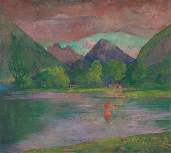 The Entrance to the Tautira River, Tahiti. Fisherman Spearing a Fish, c. 1895.