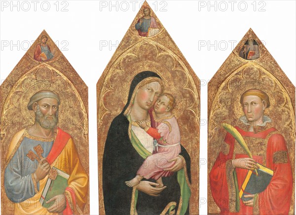 Madonna and Child with the Blessing Christ, and Saints Peter, James Major, Anthony Abbott, and a Deacon Saint [entire triptych], c. 1415/1420.