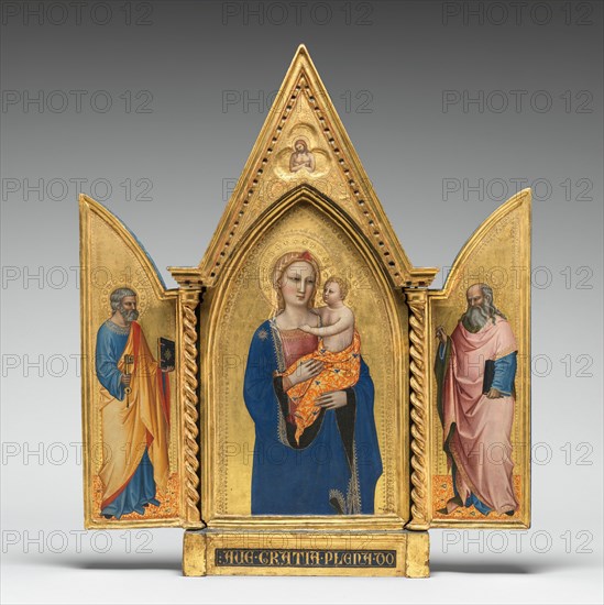 Madonna and Child, with Saints Peter and John the Evangelist, and Man of Sorrows [entire triptych], c. 1360.