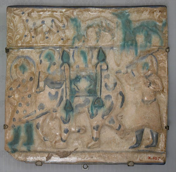 Tile from a Frieze, Iran, second half 13th century. A scene from the Shahnama possibly depicting  Bahram Gur returning to India with his bride