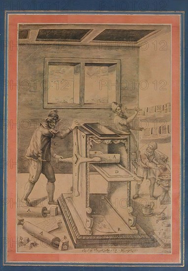 Copper Plate Printers at Work, Folio from the Davis Album, Iran, dated A.H. 1199/A.D. 1784-85. Copy of a printed illustration in the book Novo teatro di machine e edificii by Vittorio Zonca, published in Padua in 1607.