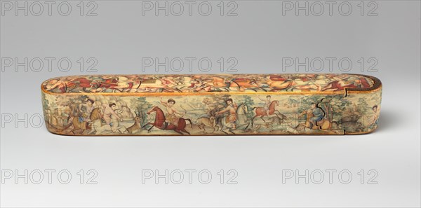 Pen Box (Qalamdan) Depicting Shah Isma'il in a Battle against the Uzbeks, Iran, early 19th century. Possibly made by  master court painter Mirza Baba (active 1780s-1810), possibly the Battle of Chaldiran of 1514.