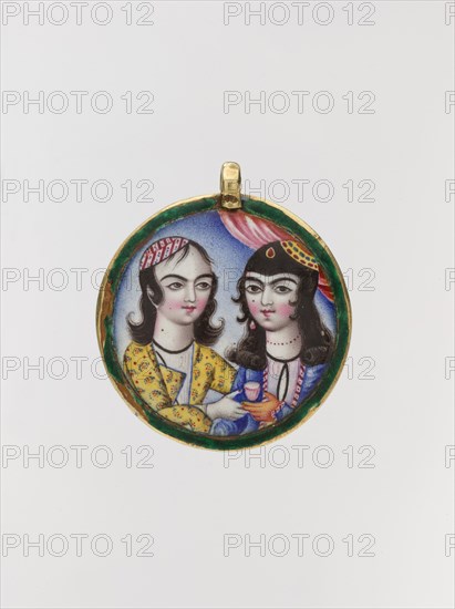 Portrait of a Couple in a Round Pendant, Iran, late 18th century. Enamel of Qajar Iran