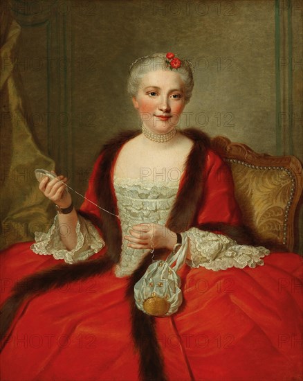 Portrait of an elegant lady, holding a weaving shuttle, 1751. Private Collection.