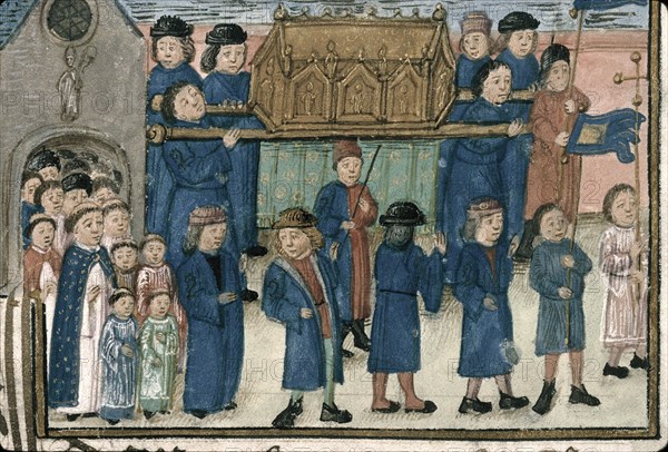 Procession of the relics of Saint Nicholas. From "Livre de la confrérie Saint-Nicolas de Valenciennes" (MS. 0536), Late 15th cen. Found in the collection of Institut de recherche et d?histoire des textes.