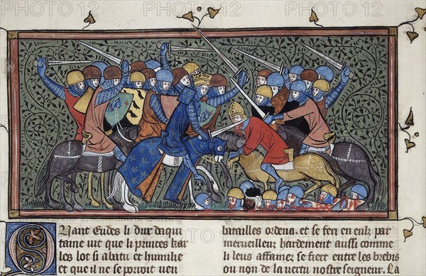 Charles Martel at the Battle of Tours. Miniature from Les Grandes chroniques de France (Royal 16 G VI), ca 1332-1350 . Found in the collection of British Library.