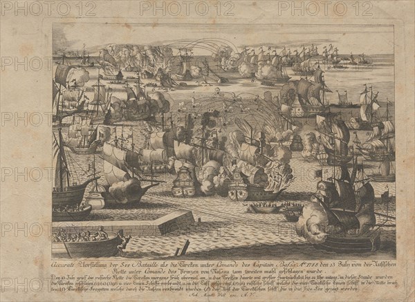 Naval battle between the Russian and Ottoman fleet on July 13, 1788, 1788. Private Collection.