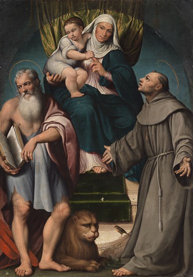 Saint Anna and the infant Christ enthroned between Saints Jerome and Francis, 1541. Found in the collection of Museo Civico, Bassano del Grappa.