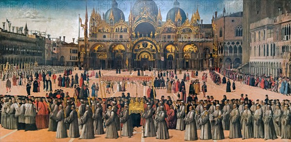 Procession in the Piazza San Marco in Venice, 1496. Found in the collection of Gallerie dell'Accademia, Venice.