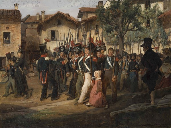 La garde nationale de campagne défilant devant le maire. Private Collection.