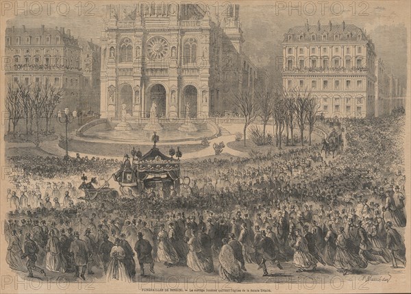 The funeral of Gioacchino Rossini. The funeral procession leaves the church, 1868. Private Collection.