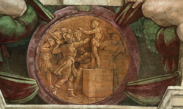 Medallion represents the Destruction of the Statue of the God Baal (Sistine Chapel ceiling in the Vatican), 1508-1512. Found in the collection of The Sistine Chapel, Vatican.