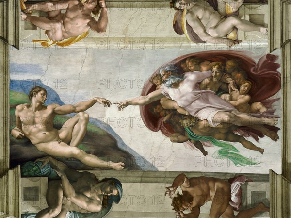 The Creation of Adam (Sistine Chapel ceiling in the Vatican), 1508-1512. Found in the collection of The Sistine Chapel, Vatican.