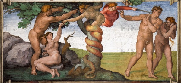 The Expulsion from the Paradise (Sistine Chapel ceiling in the Vatican), 1508-1512. Found in the collection of The Sistine Chapel, Vatican.