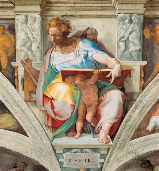 Prophets and Sibyls: Daniel (Sistine Chapel ceiling in the Vatican), 1508-1512. Found in the collection of The Sistine Chapel, Vatican.
