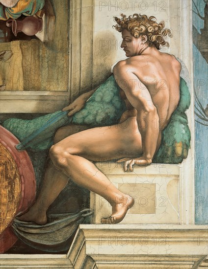 Ignudo (Sistine Chapel ceiling in the Vatican), 1508-1512. Found in the collection of The Sistine Chapel, Vatican.