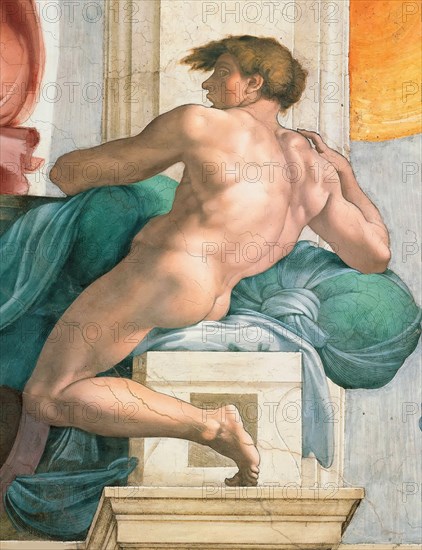 Ignudo (Sistine Chapel ceiling in the Vatican), 1508-1512. Found in the collection of The Sistine Chapel, Vatican.