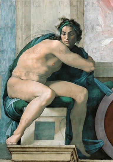 Ignudo (Sistine Chapel ceiling in the Vatican), 1508-1512. Found in the collection of The Sistine Chapel, Vatican.