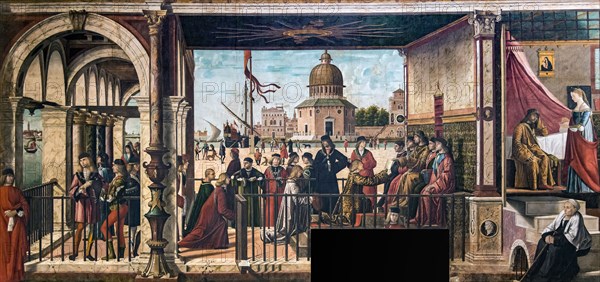 Arrival of the English Ambassadors at the Court of the King of Brittany (The Legend of Saint Ursula), 1495-1500. Found in the collection of Gallerie dell'Accademia, Venice.