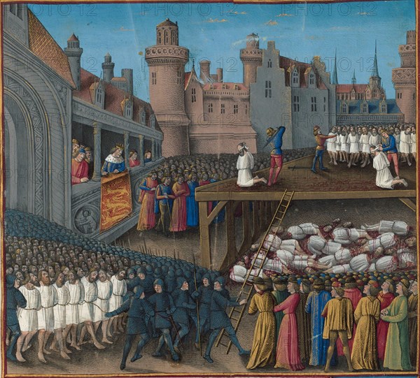 Massacre of the Saracen prisoners, ordered by King Richard the Lionheart, 1191, 1474-1475. Found in the collection of Bibliothèque Nationale de France.