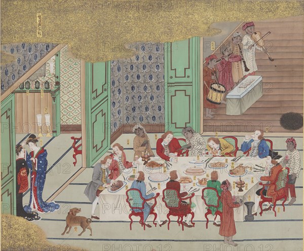 Dutch banquet, Nagasaki (Christmas Eve), from Bankan-zu, 1797. Found in the collection of Bibliothèque Nationale de France.