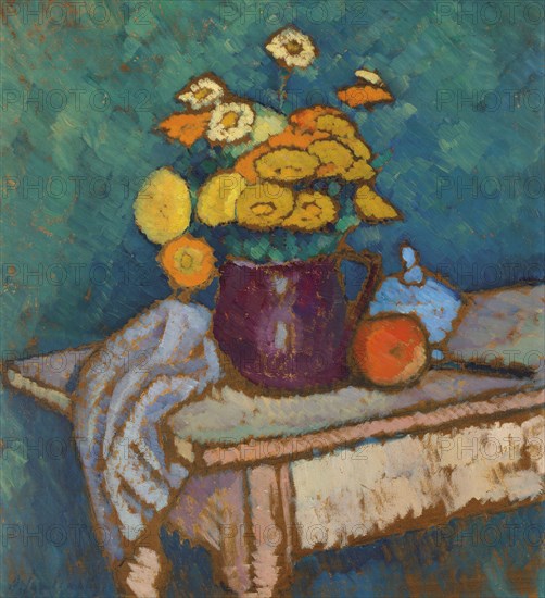 Still life with cloth, flowers in jug and apple, 1909-1910. Private Collection.