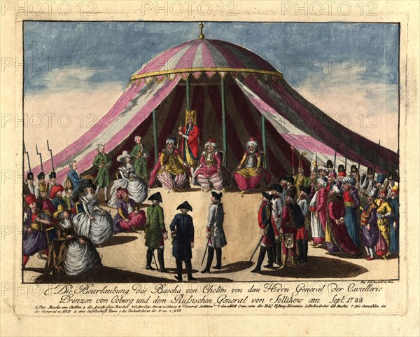 The deposition of the Pasha of Khotyn by the Prince Josias of Saxe-Coburg and General Ivan Saltykov in September 1788, 1788. Private Collection.