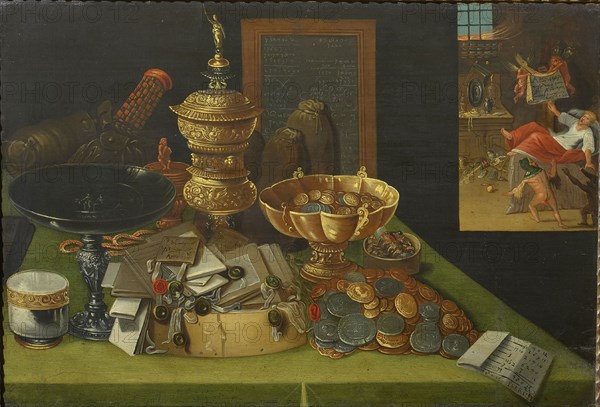 Allegory of Worldly Riches with the Scene of the Death of the Rich Man, ca. 1600. Found in the collection of Szepmuveszeti Muzeum, Budapest.