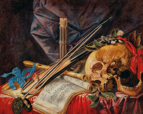 Vanitas still life with viola, clarinet, skull, scores and candle. Private Collection.
