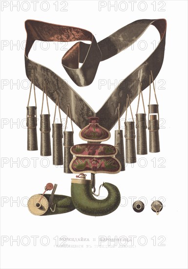 Bandolier and powder flask. From the Antiquities of the Russian State, 1849-1853. Private Collection.