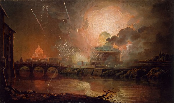 Firework Display at the Castel Sant Angelo, 1774-1778. View of Rome at night with St Peter's and the Vatican lit up in the background.
