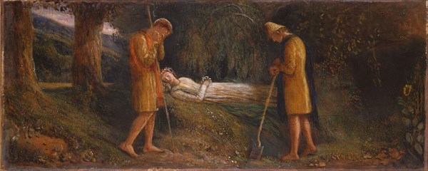 Imogen and the Shepherds 1860-1870. An illustration of Cymbeline Act IV, sc ii. The brothers Guiderius and Arveragus mourning over Imogen. This painting was part of a collection of 8 works including 5 drawings by Rossetti bequeathed to 5 public collections through the Art Fund in 1947.