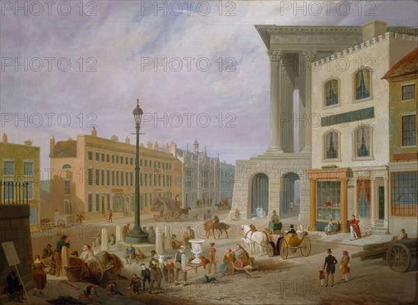 Birmingham Town Hall and Queen's College. The foreground of this painting is now Victoria Square, Birmingham. The pillars of the Town Hall protrude from behind a castellated building known in the 18th century as Allin's Cabinet of Curiosities. This building and others were purchased in 1853 for the building of the Council House, which started in 1874.