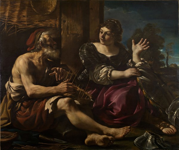 Erminia and the Shepherd, 1619-20. The scene is taken from Torquato Tasso's epic poem, La Gerusalemme Liberata published in 1575. Erminia, a pagan princess in love with the crusader, Tancred, disguises herself in armour to follow him. She is chased from the Christian camp and flees to Arcadia where she meets an old shepherd weaving baskets. The reversal of gender roles was a popular theme amongst the playwrights of the period.