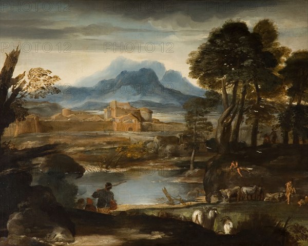 Landscape with a Lake and a Walled Town, 1635. Attributed to Pietro B da Cortona.