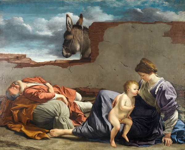 Rest on the Flight into Egypt, 1615-1621. Joseph is old, haggard and exhausted. The Virgin is a young, well-built woman with grubby feet sitting uncomfortably on the floor of a ruined building as she feeds her toddler child. Jesus appears naked and vulnerable glancing furtively towards the viewer and we are reminded that this family are refugees escaping from Herod's death-threat.