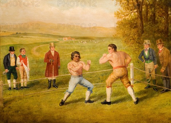 A Birmingham Prize Fight, 1789. Painting depicts a fight between Tom Johnson, Champion of England and Isaac Perrins of Birmingham. According to the Gentleman's Magazine of October 1789, Johnson won after 62 rounds.